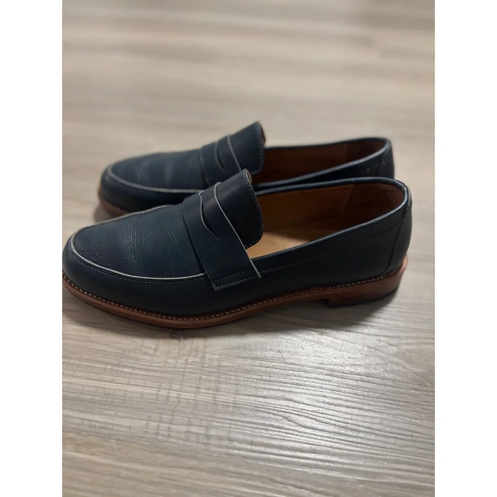 Adelante Shoe Co Mendoza Navy Blue Leather Penny Loafers Mens 10 D Handcrafted